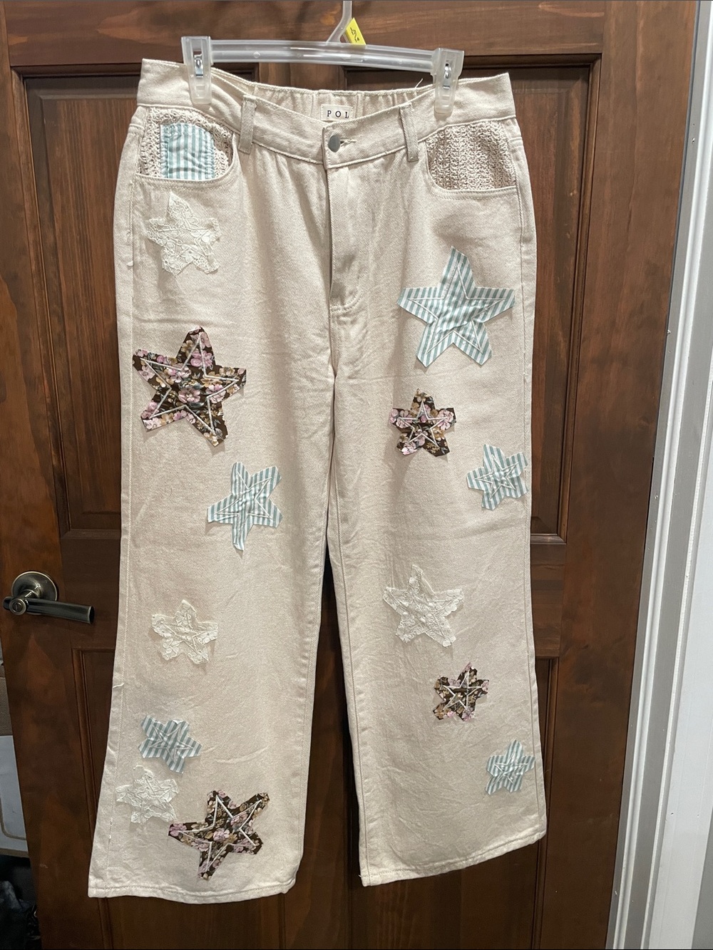 POL Cream Wide-Leg Jeans with Star Appliqués